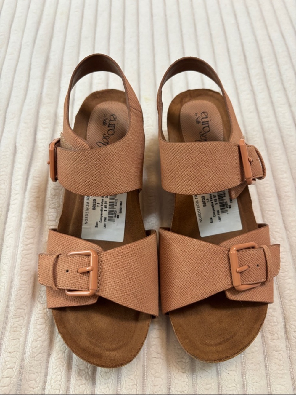 Peach-Tone Two-Buckle Wedge Sandals